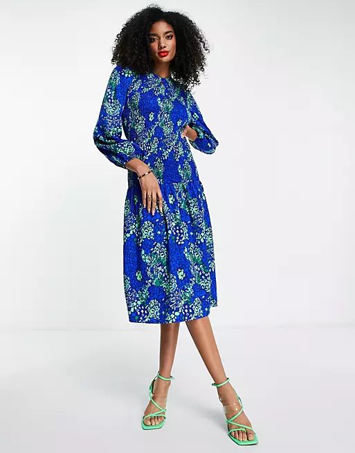 Never Fully Dressed shirred midaxi dress in blue leopard print | ASOS (Global)