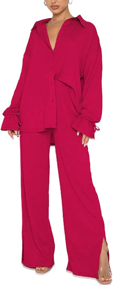 LYANER Women's 2 Piece Outfits Button Down Long Sleeve Shirt and Wide Leg Pants Set | Amazon (US)