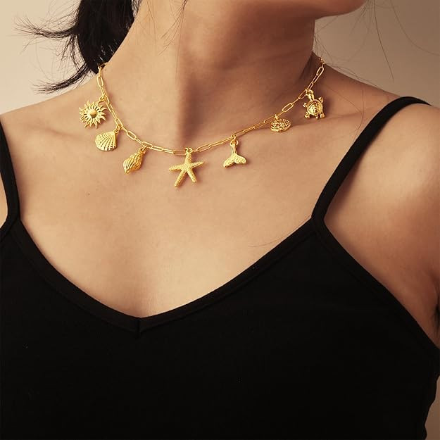Charm Necklace for Women, 14K Gold Shell Sun Starfish Summer Beach Necklace 16+3" Paperclip Chain... | Amazon (US)