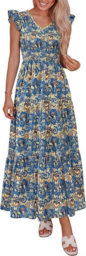 PRETTYGARDEN Women's Boho Floral Maxi Dress 2026 Summer Smocked V Neck Ruffle Sleeve Spring Flowy... | Amazon (US)