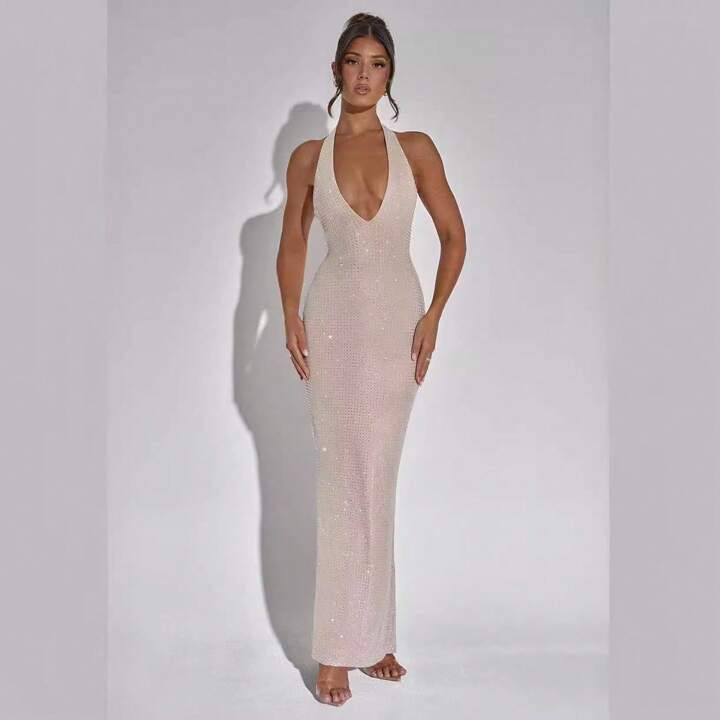 Sexy Backless Dress, High Luxury Hot Diamond Halterneck Strappy Hip-Hugging Long Dress | SHEIN