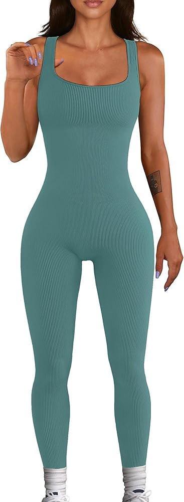 Women Workout Seamless Jumpsuit Yoga Ribbed Bodycon One Piece Tank Top Leggings Romper | Amazon (US)