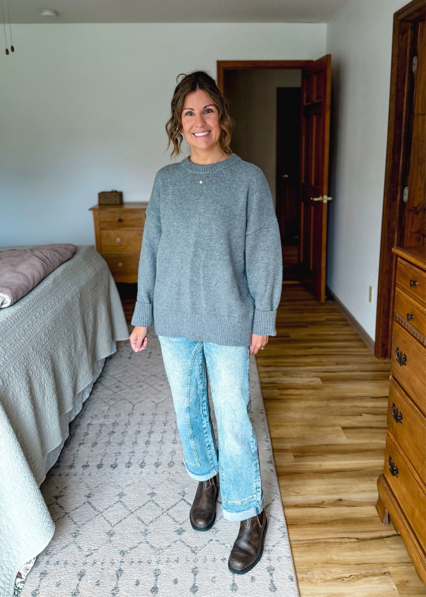 xs in my sweater (I have quite a few colors!) and 24 short in my jeans (short isn’t available anymore but the raw hem makes them easily cut off). My blundstone boots are size 6