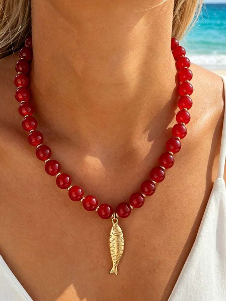 1pc Vintage Bohemian Style Exaggerated Handmade Acrylic Beaded Marine Life Flower Conch Fish Sun ... | SHEIN