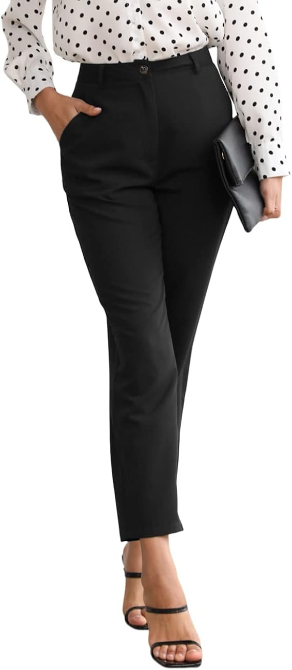 Lcucyes Women's Cropped Work Pants High Waist Straight Leg Trousers Slacks with Pockets | Amazon (US)