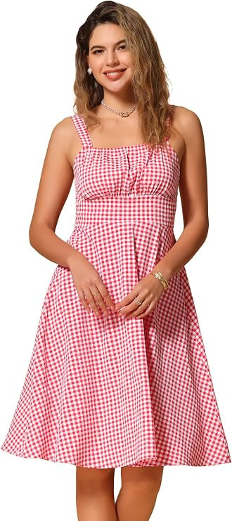 Allegra K Vintage Sleeveless Dress for Women's Plaid Ruched Summer A-Line Flowy Midi Dresses | Amazon (US)