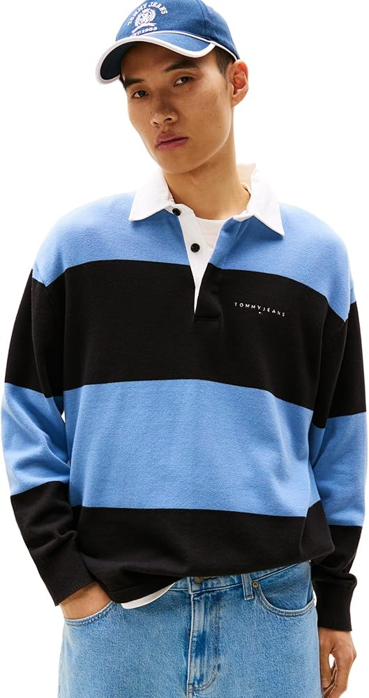 Tommy Jeans Mens Striped Rugby Sweater Polo Shirt | Amazon (US)