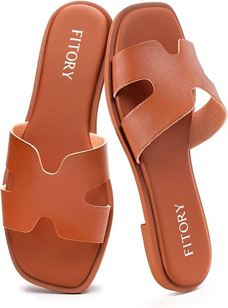 FITORY Women's Slide Sandals, Flat Fashion Square Open Toe with Cushion Slippers for Summer Beach... | Amazon (US)