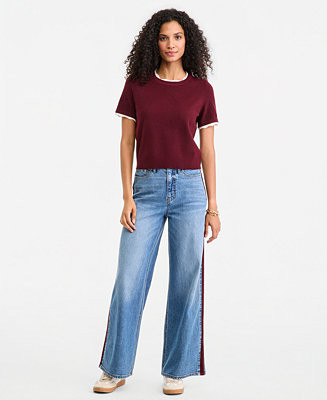 Women's High-Waisted Wide-Leg Suede Side-Stripe Jeans, Regular & Short | Macy's