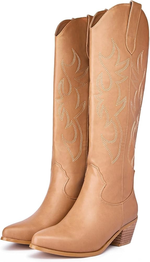 Cowgirl Boots for Women Embroidered Western Cowboy Knee High Boots Mid Wide Calf Booties Almond P... | Amazon (US)