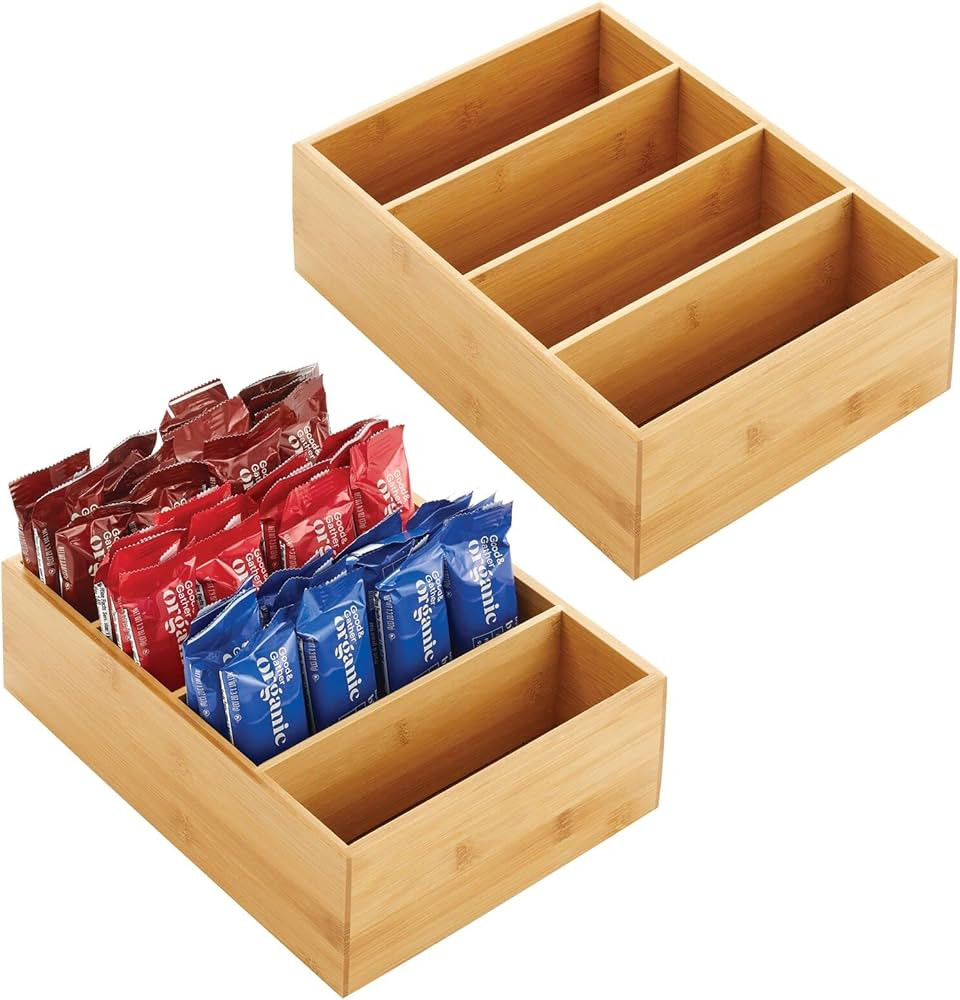 mDesign Bamboo Wood Food Storage Organizer Box, 4 Section, Divided Compartment Bin; Container for... | Amazon (US)