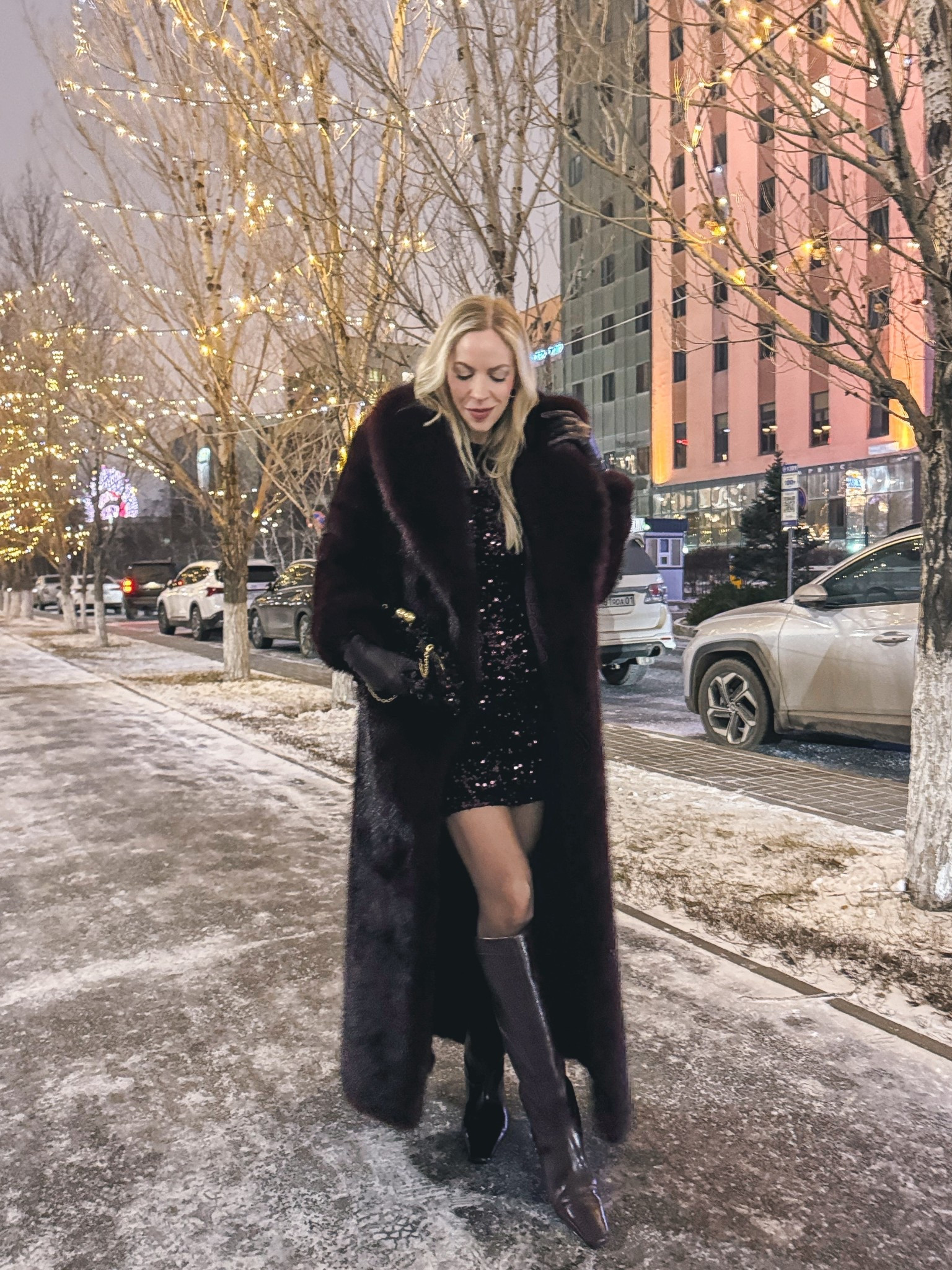 Holiday party look, burgundy fur coat, burgundy red sequin dress, sheer tights with tall boots, burgundy boots, long leather gloves, Zara sequin clutch, New Year’s Eve outfit 

#LTKHoliday #LTKFindsUnder50 #LTKFindsUnder100