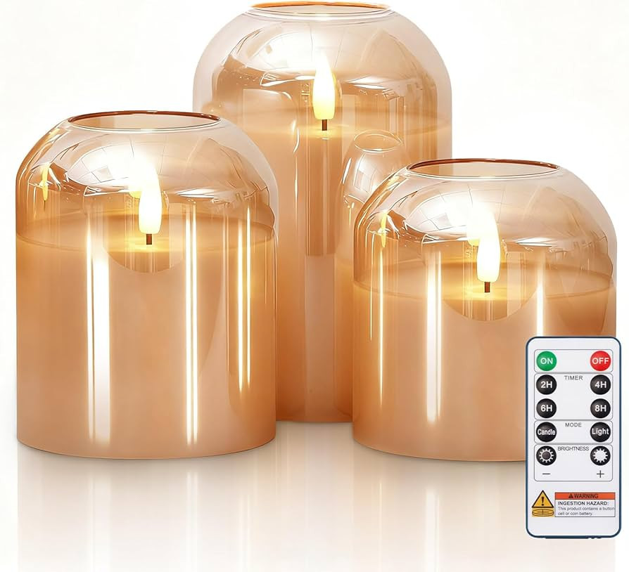 Homemory Glass Flameless Candles, Battery Operated Plliar Candles Realistic Flickering, LED Elect... | Amazon (US)
