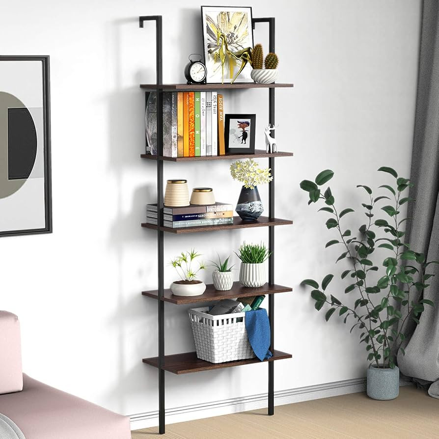 UVII Ladder Shelf Industrial Bookshelf, 5-Tier Ladder Bookshelf with Metal and Wood, Wall Mounted Mo | Amazon (US)