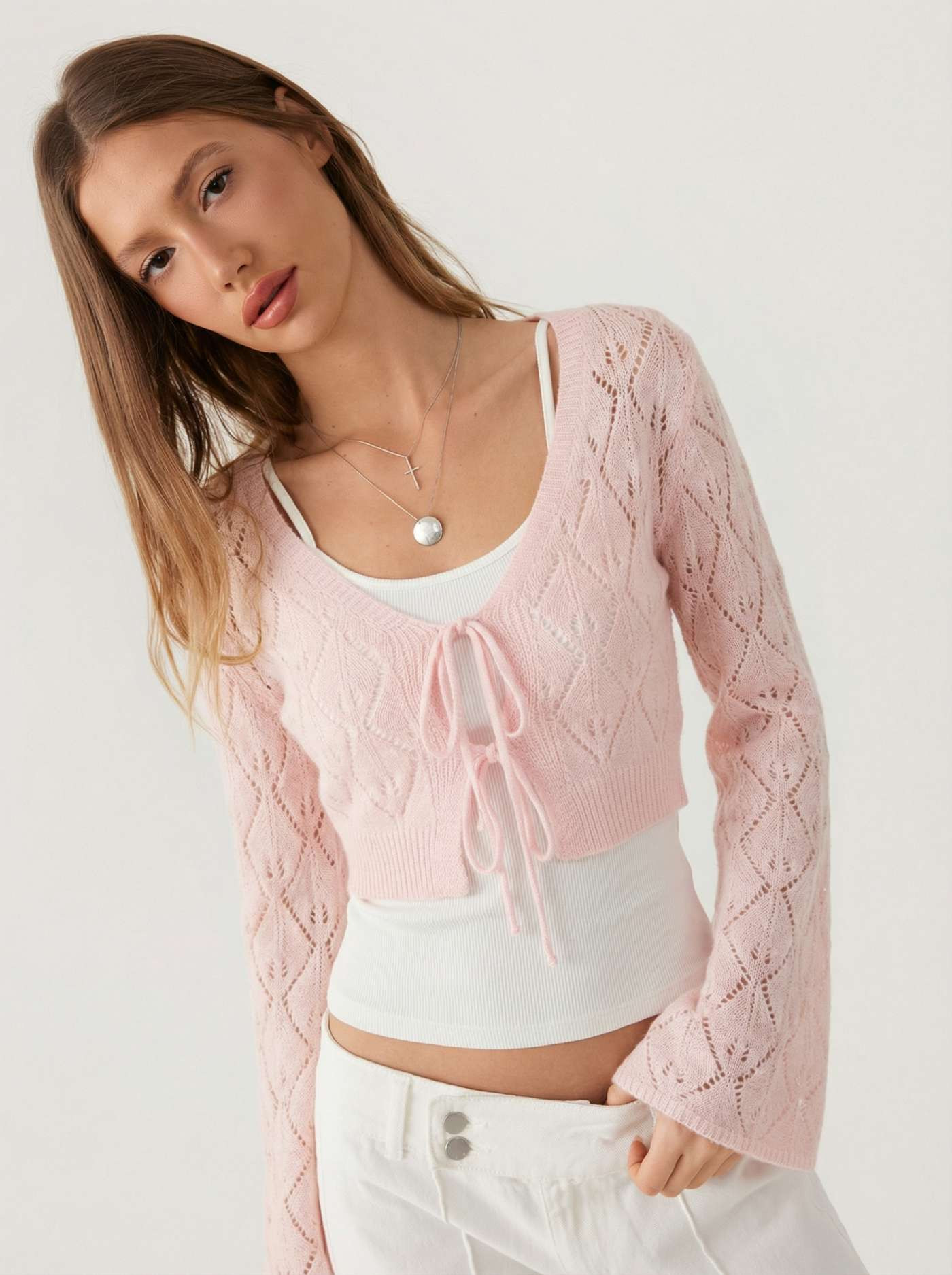 Knit Fabric  Knit Textured Bell Sleeve Cardigan With Tie Front Bow For Daily Casual Date | Cider