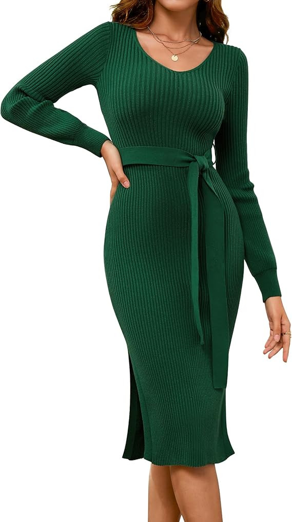 Dressystar Women's Fall Ribbed Knit Sweater Dress V Neck Long Sleeve Tie Waist Slim Fit Bodycon M... | Amazon (US)