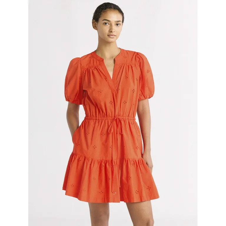 Free Assembly Women's and Women's Plus Cotton Eyelet Tiered Mini Dress with Puff Sleeves, Sizes X... | Walmart (US)