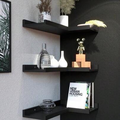 3 Tier Corner Floating Shelves With Protective Lip, Modern Black Corner Shelves Wall Mounted, Corner Ledge Shelves For Wall Decor, Black Shelves For L | SHEIN