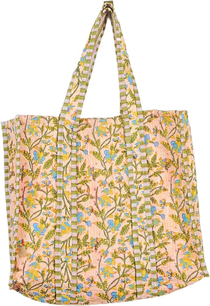 Quilted Cotton Handprinted Reversible Large multicolor Floral Tote Bag | Amazon (US)