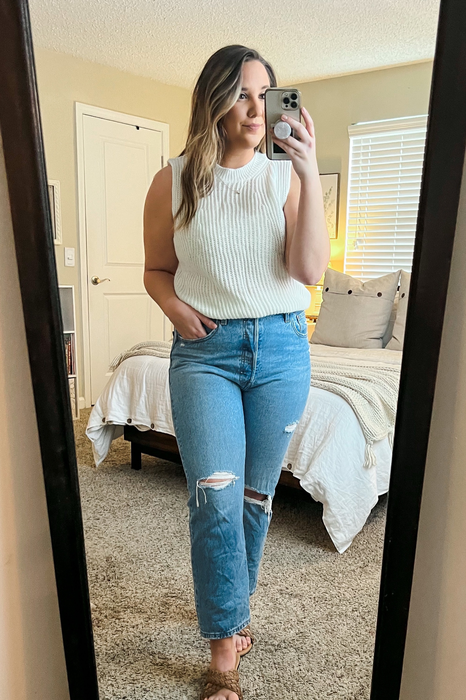 Summer Outfit Inspo: I love pairing my favorite denim jeans with a textured basic top for a clean and casual outfit  suitable for any occasion! Add a pair of neutral sandals and jewelry to finish off the look. 

Top: large. 
Jeans: size 32 (size up). 
Sandals: size 8 (run big). 

#LTKstyletip #LTKunder50 #LTKcurves