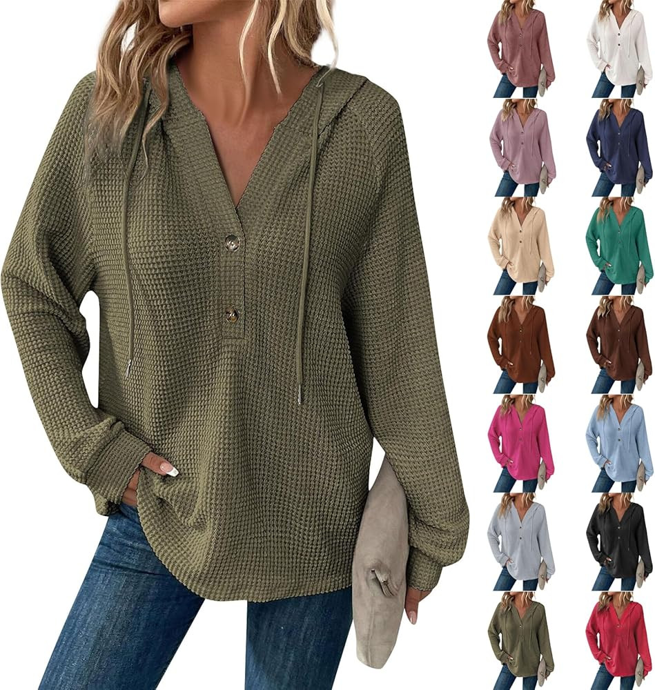 Oversized Hoodies for Women Soft V Neck Waffle Knit Hooded Sweatshirt Lightweight Fall Long Sleev... | Amazon (US)