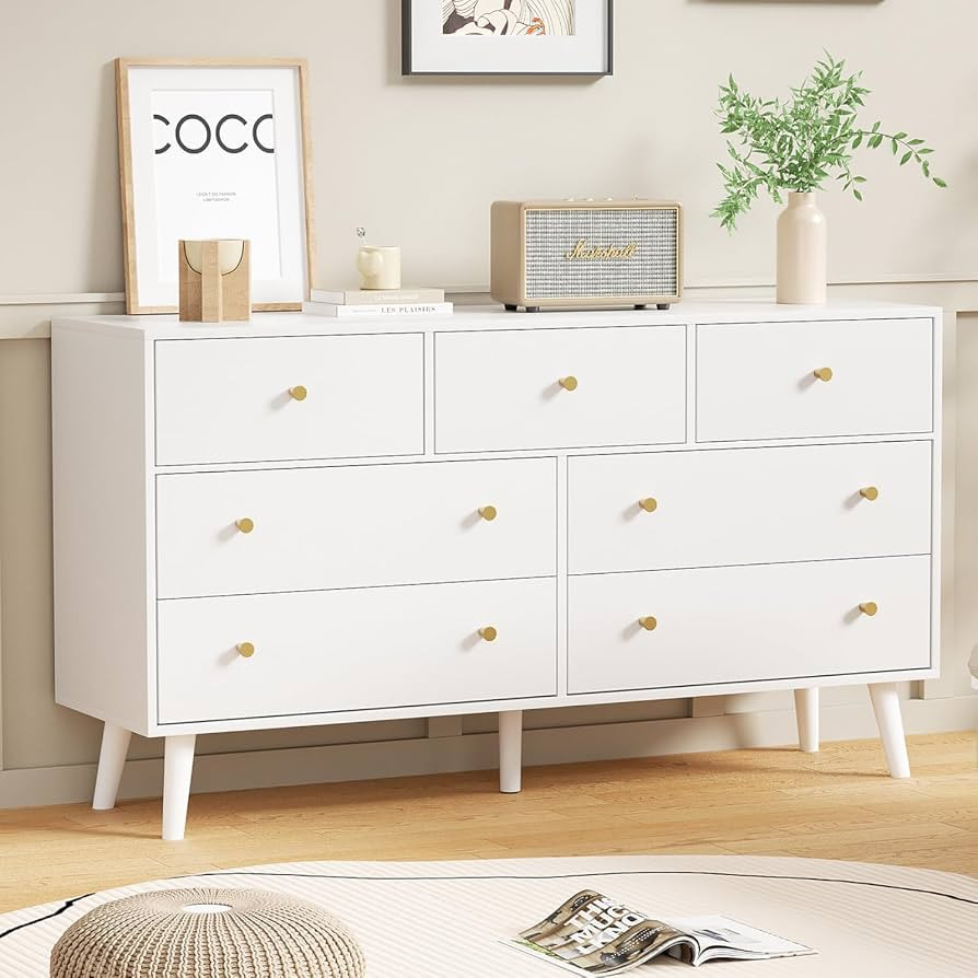 White Dresser for Bedroom, Dresser with 7 Drawers, Wood Dressers & Chests of Drawers, Modern Doub... | Amazon (US)