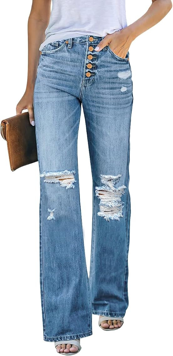 LookbookStore High Waisted Ripped Flare Jeans for Women Distressed Bell Bottom Jeans Wide Leg Pants | Amazon (US)