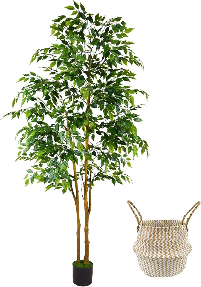 Artificial Ficus Tree, 7ft Silk Fake Ficus Leaves Plant with Basket, Indoor Outdoor Faux Green Tr... | Amazon (US)