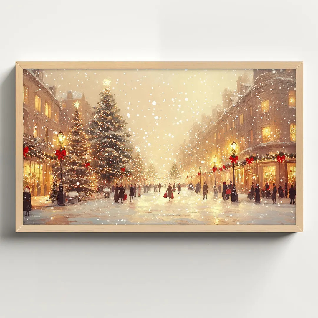 Neutral Christmas Frame TV Art, Gold Xmas Tree Festive Market, Present Shopping, Snowy City, Wint... | Etsy (US)