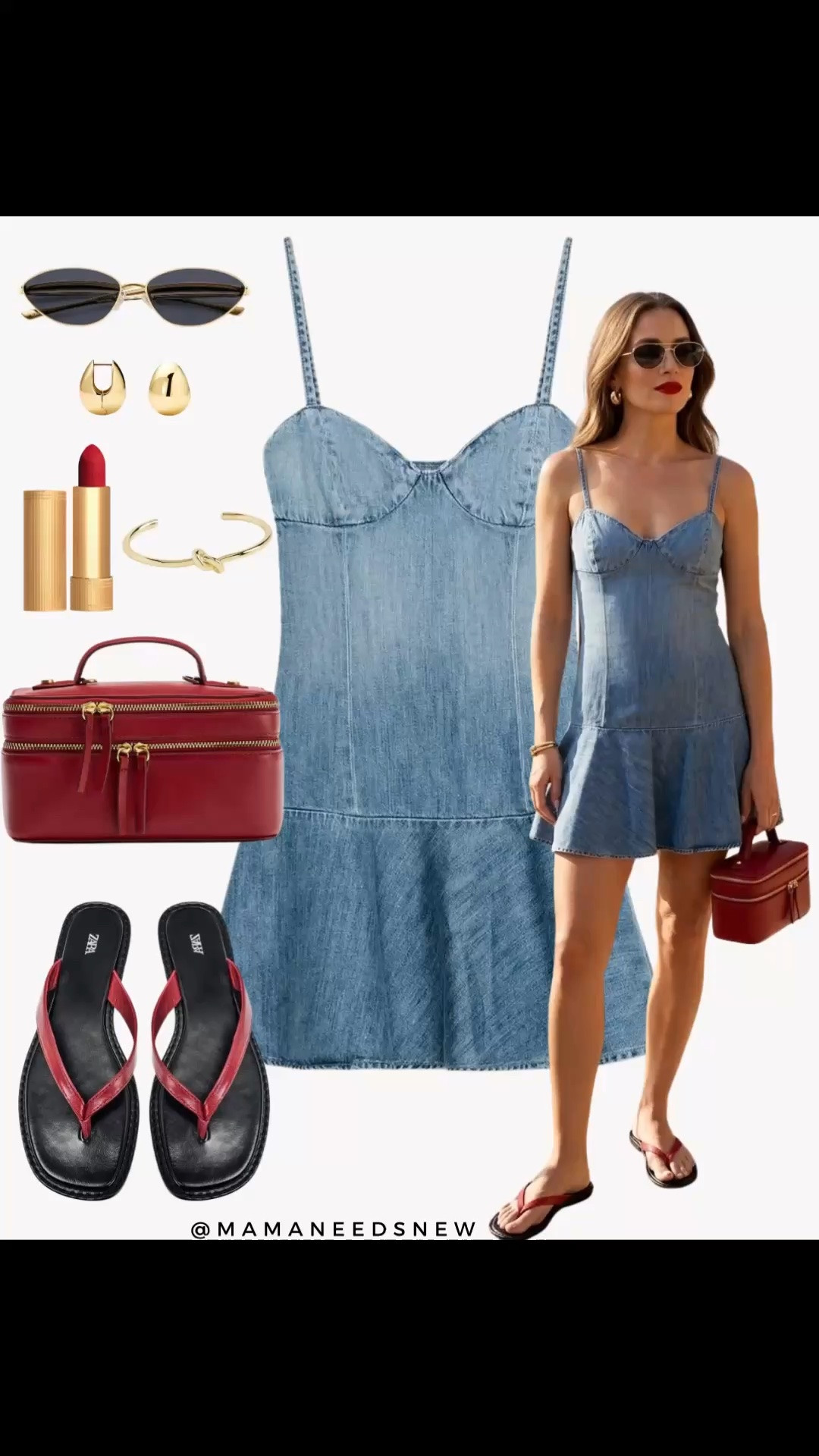 A summer outfit with a denim dress, vanity bag and thong sandals ❤️🩵

#LTKootd #LTKSeasonal #LTKSaleAlert