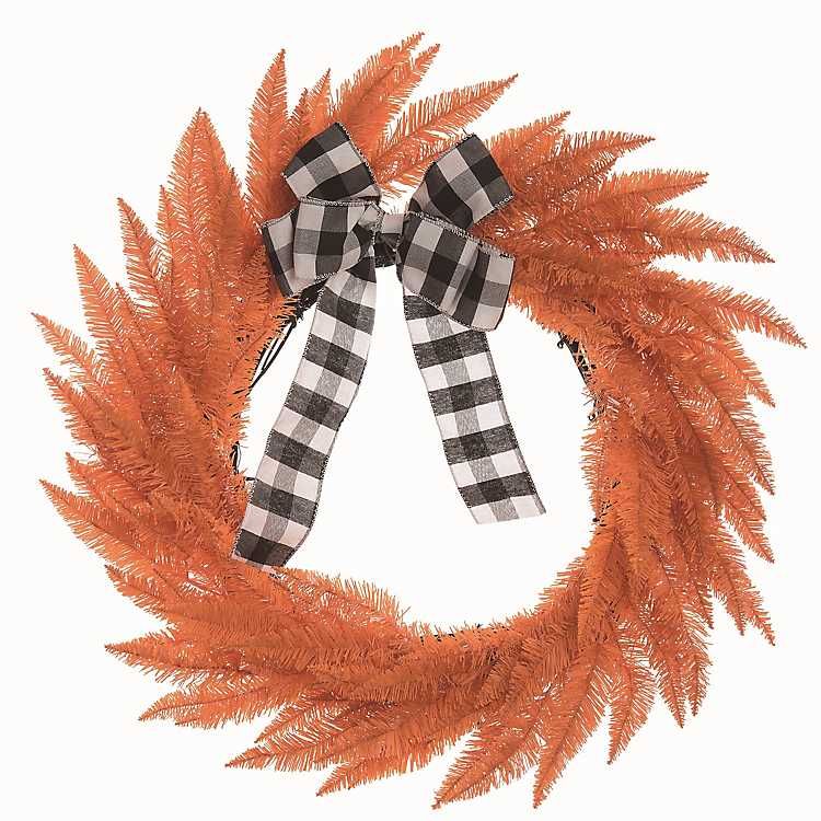 Orange Buffalo Check Bow Halloween Wreath | Kirkland's Home