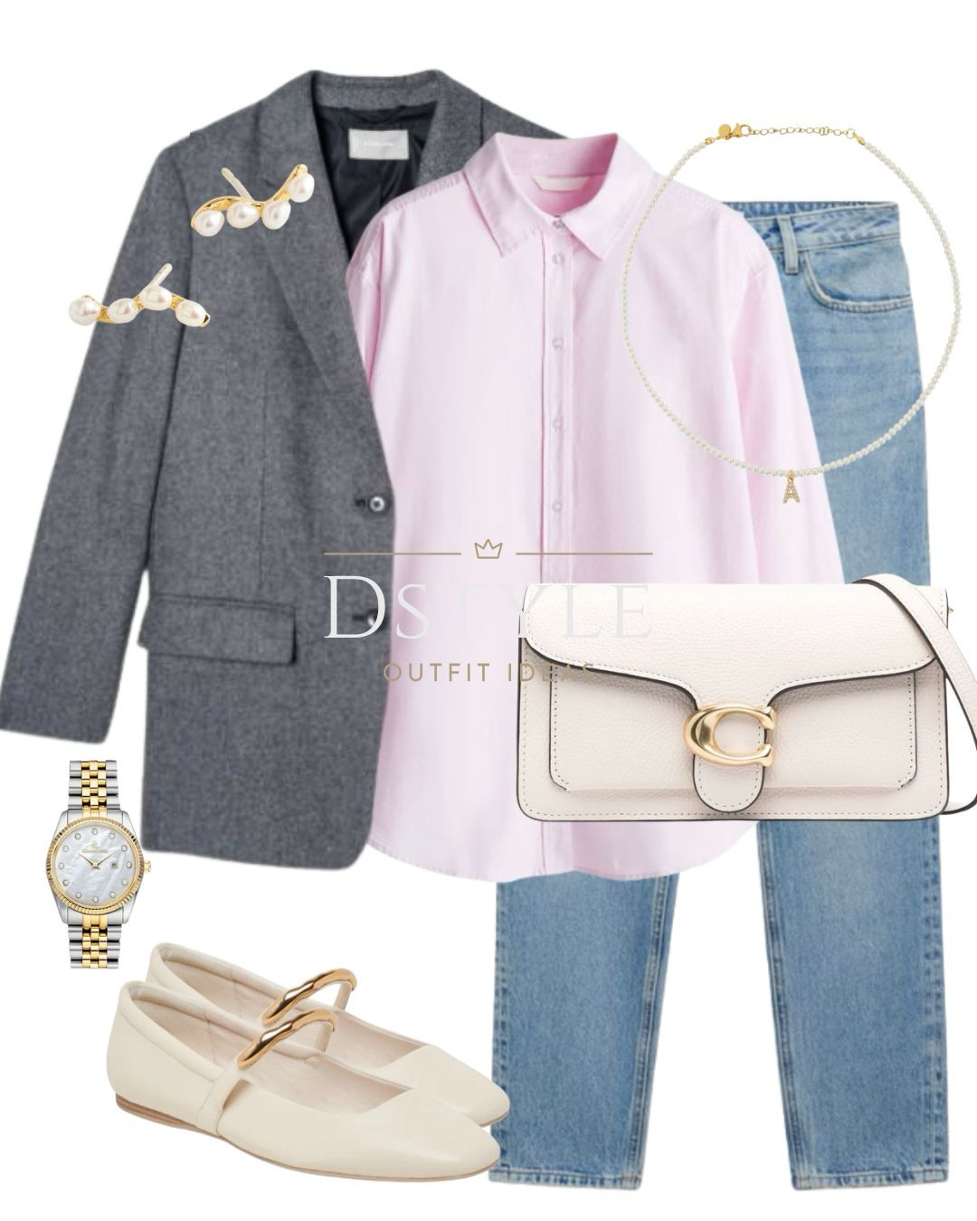 Oversized blazer in wool grey herringbone, light pink oxford shirt, medium blue mom fit jeans, Coach logo-plaque crossbody bag, cream ballet flats shoes, work wear, office style, spring outfit 

 #LTKWorkwear #LTKShoeCrush #LTKItBag