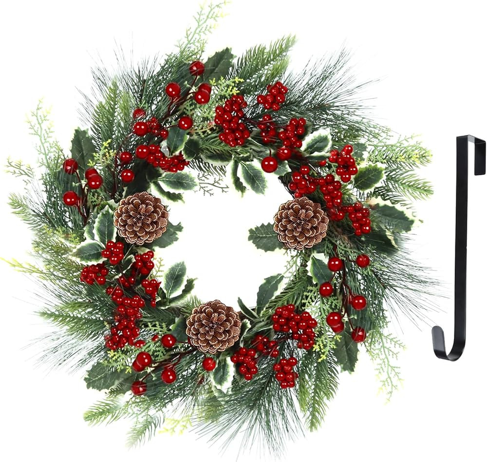 Christmas Wreath, Xmas Wreath for Front Door with Hanger, Farmhouse Rattan Base Christmas Decor w... | Amazon (US)