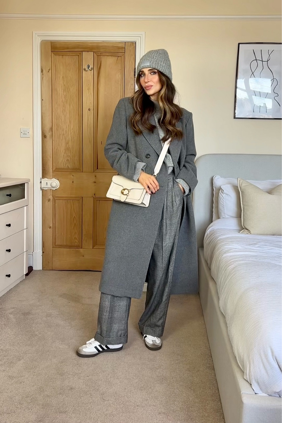 Styling all grey 🩶 Grey coat, wide leg trousers, sambas, coach cross body bag, beanie hat 🩶 Winter outfit, winter coat 
