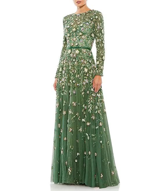 Floral Beaded Crew Neck Long Sleeve Pleated Chiffon Gown | Dillard's