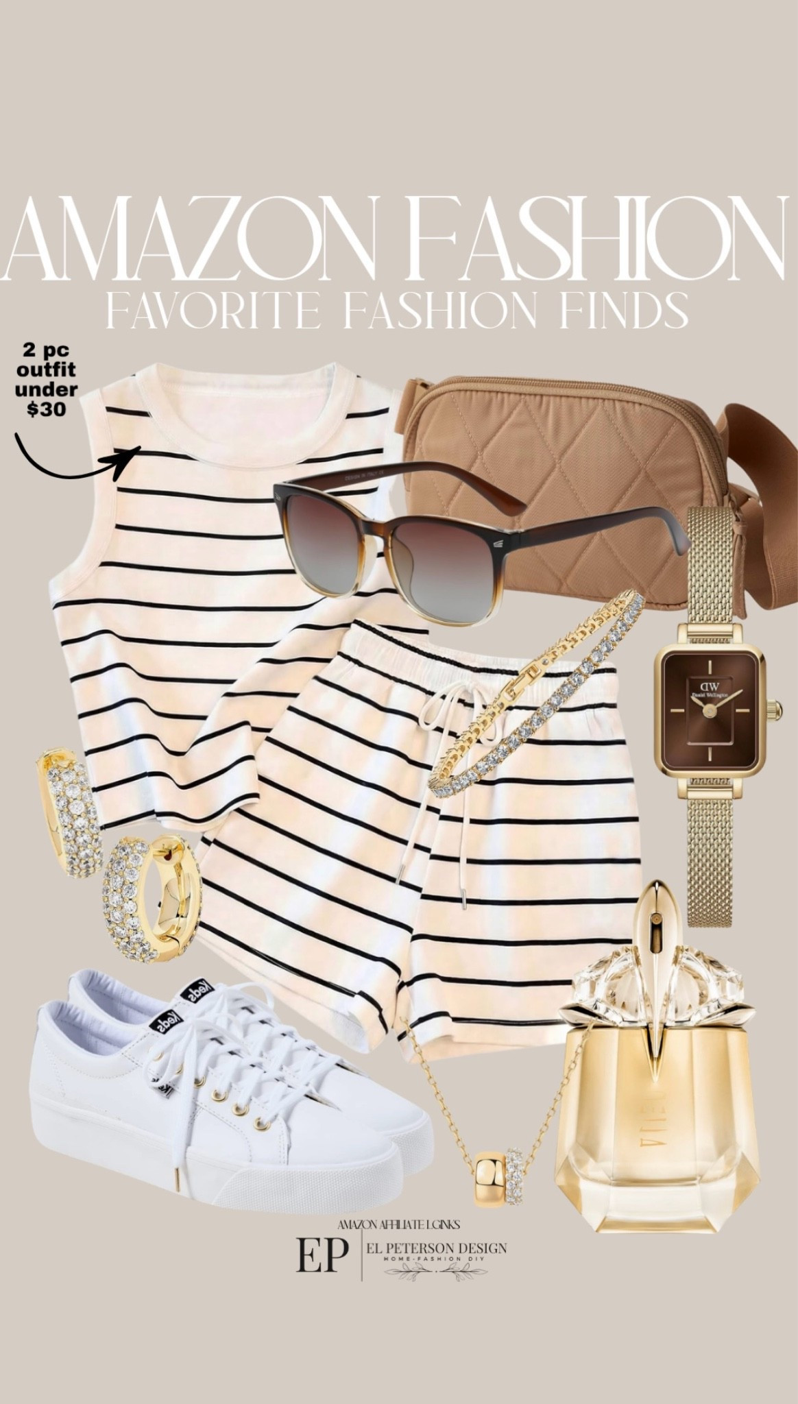 Amazon 
2 pc outfit
Watch
Perfume
Bracelet
Sunglasses
Belt bag
Sneakers 
Earrings