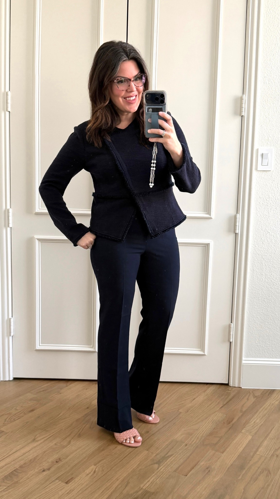 Tweed fray dark navy moto jacket. I’m in a medium and it’s good zipped shut. Lightweight so not too hot to wear as a top. If you want to keep it open I recommend sizing down. Pants come in regular and short. These are regular size 8 tts. Perfect with a heel. I also have the petite that I wear with flats they have a ton of stretch and are very comfortable and flattering!