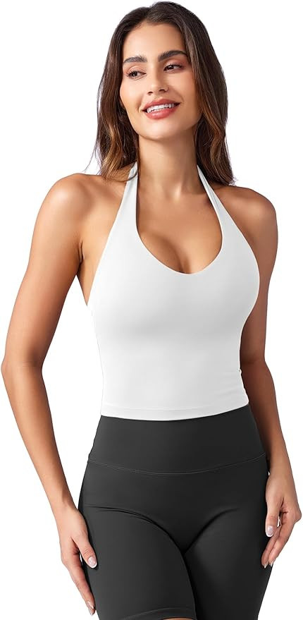 YEOREO Women's Halter Crop Top V Neck Workout Going Out Tank Top Hazel Padded Sleeveless Backless... | Amazon (US)