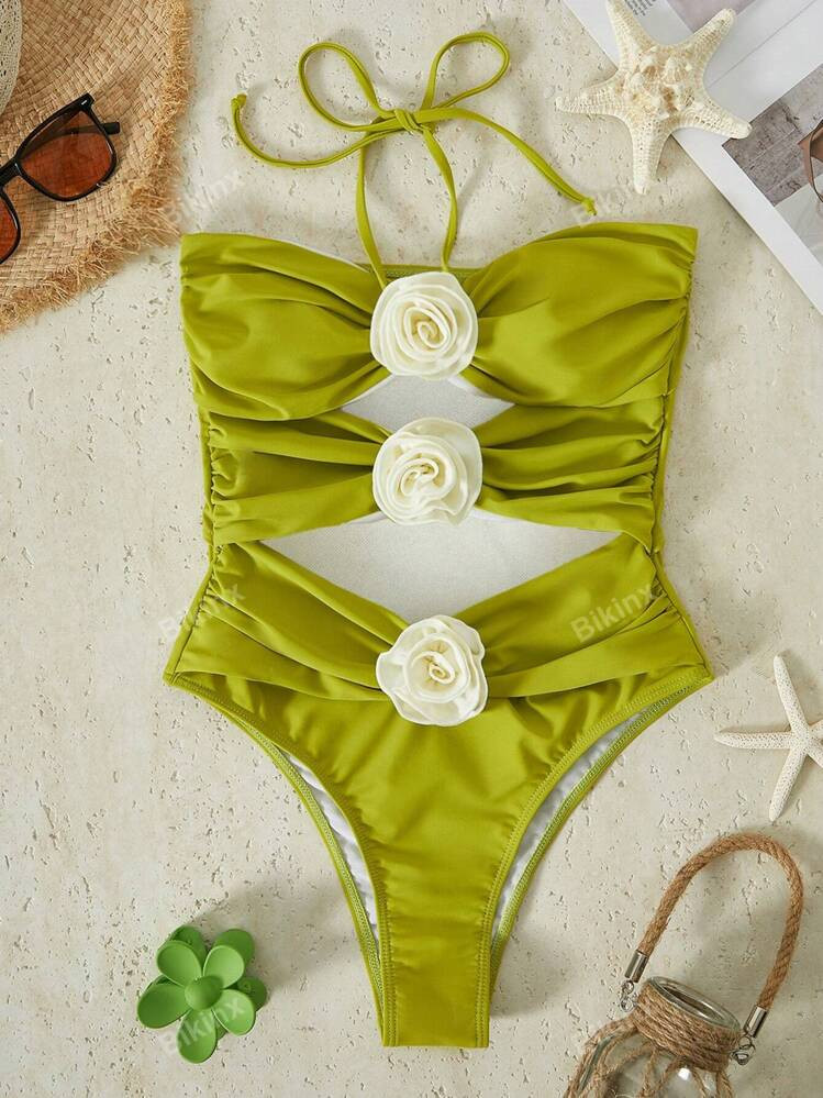 Bikinx Traje De Baño Monokini De Un Solo Color Sexy Con Diseño Calado Y Detalles De Flor 3D Con Cuello De Halter Para Mujer, Ideal Para El Verano | SHEIN