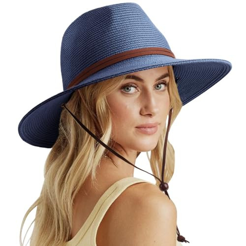 DRESHOW Womens Summer Straw Sun Hat Wide Brim Bucket Hats Fedora Hats Panama Beach Hat with Chin Strap UPF 50+ | Amazon (US)