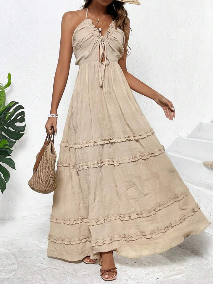 SHEIN VCAY Solid Color Backless Halter Tie Frill Hem Dress | SHEIN USA | SHEIN