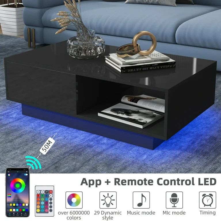Hommpa LED Coffee Table Modern Side Tables High Gloss Black Cocktail Table with 2 Drawers Open Sh... | Walmart (US)