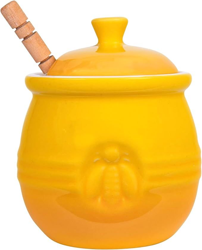 Creative Co-Op Yellow Stoneware Honey Pot with Lid & Wood Honey Dipper | Amazon (US)