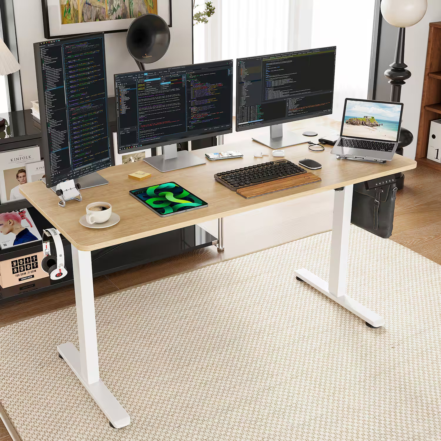 Aukfa - Max Electric Standing Desk Adjustable Height Sit Stand Home Office Desk with Splice Board - Natural | Best Buy U.S.