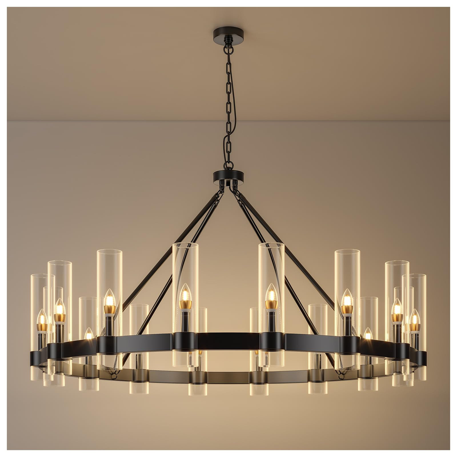 48 Inch Black Wagon Wheel Chandelier with Glass Shade, 16 Lights, Modern Farmhouse Style, Ideal f... | Amazon (US)