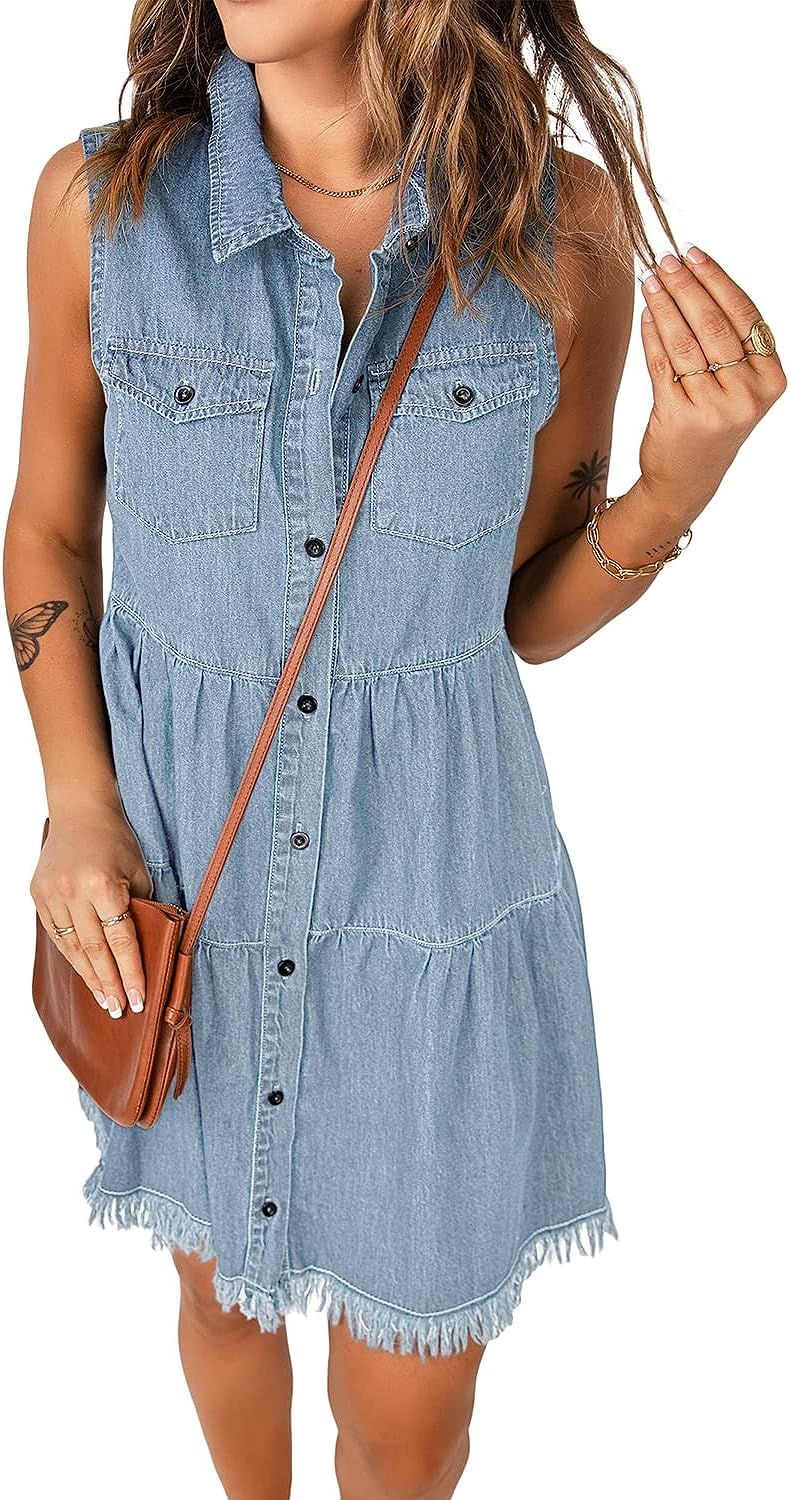 luvamia Women's Casual Summer Lapel Sleeveless Button Down Short Denim Jean Dress | Amazon (US)