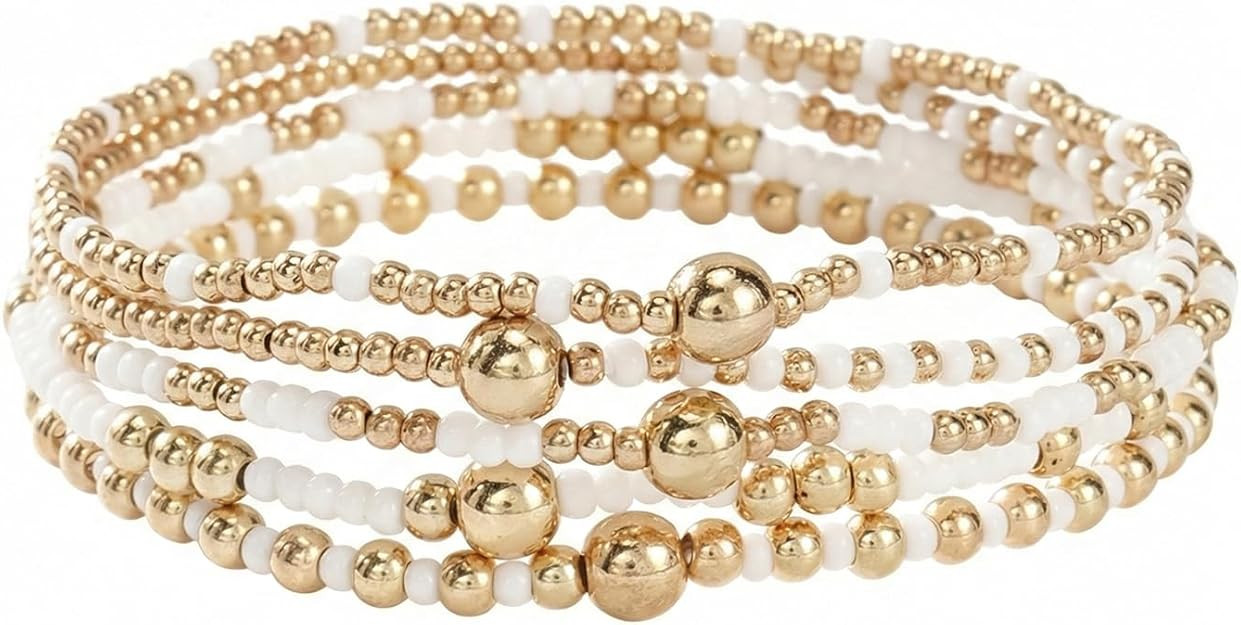 5PCS Dainty Gold Beaded Stack Bracelets for Women,Handmade Boho Colorful Beads Ball Stackable Bra... | Amazon (US)