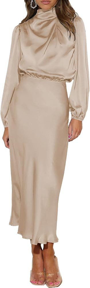 Famulily Maxi Cocktail Dresses for Women with Long Sleeves Satin Wedding Guest Dress for Evening ... | Amazon (CA)