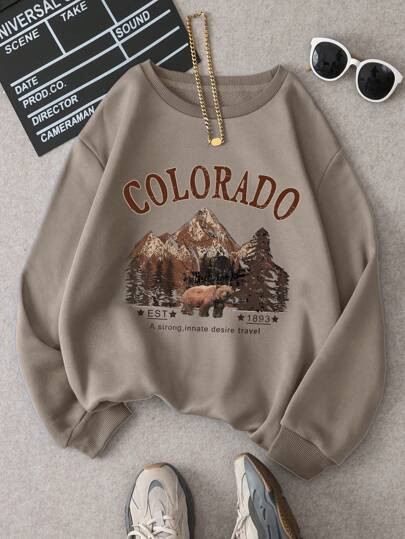 SHEIN EZwear Women's Mountain & Letter Print Fleece Sweatshirt EST A Strong, Innate Desire Travel... | SHEIN