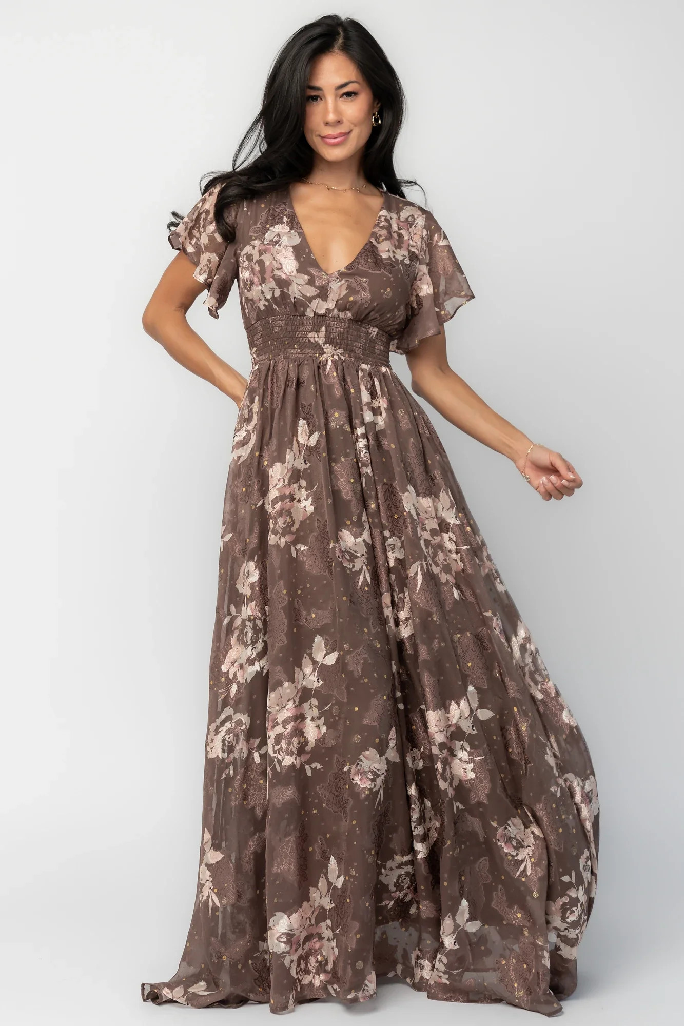 Lynlee Metallic Maxi Dress | Mocha Floral | Baltic Born